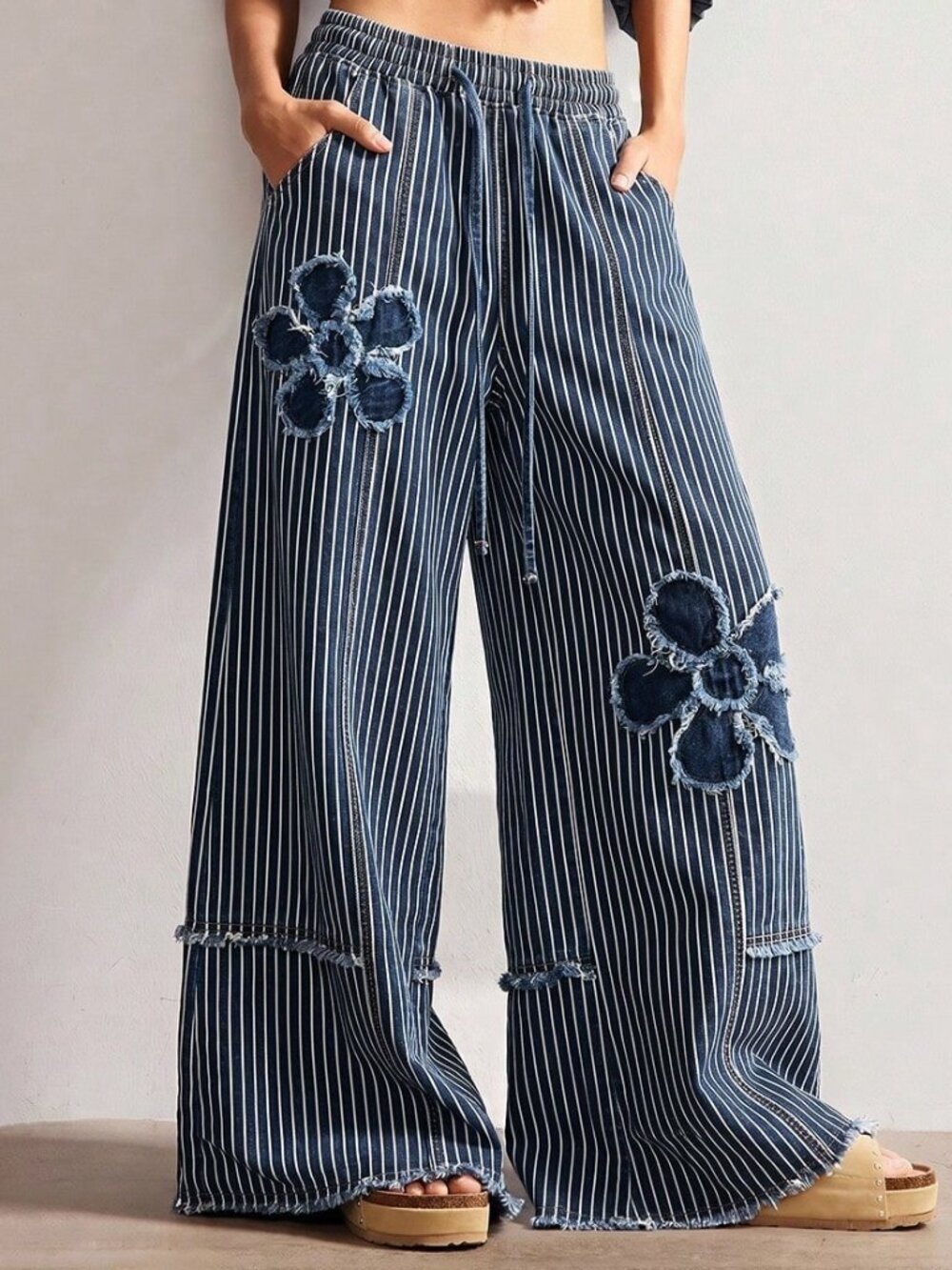 Blue And White Casual Women's Woven Denim Polka Dot Loose Wide Leg Long Pants - Picture 7 of 8